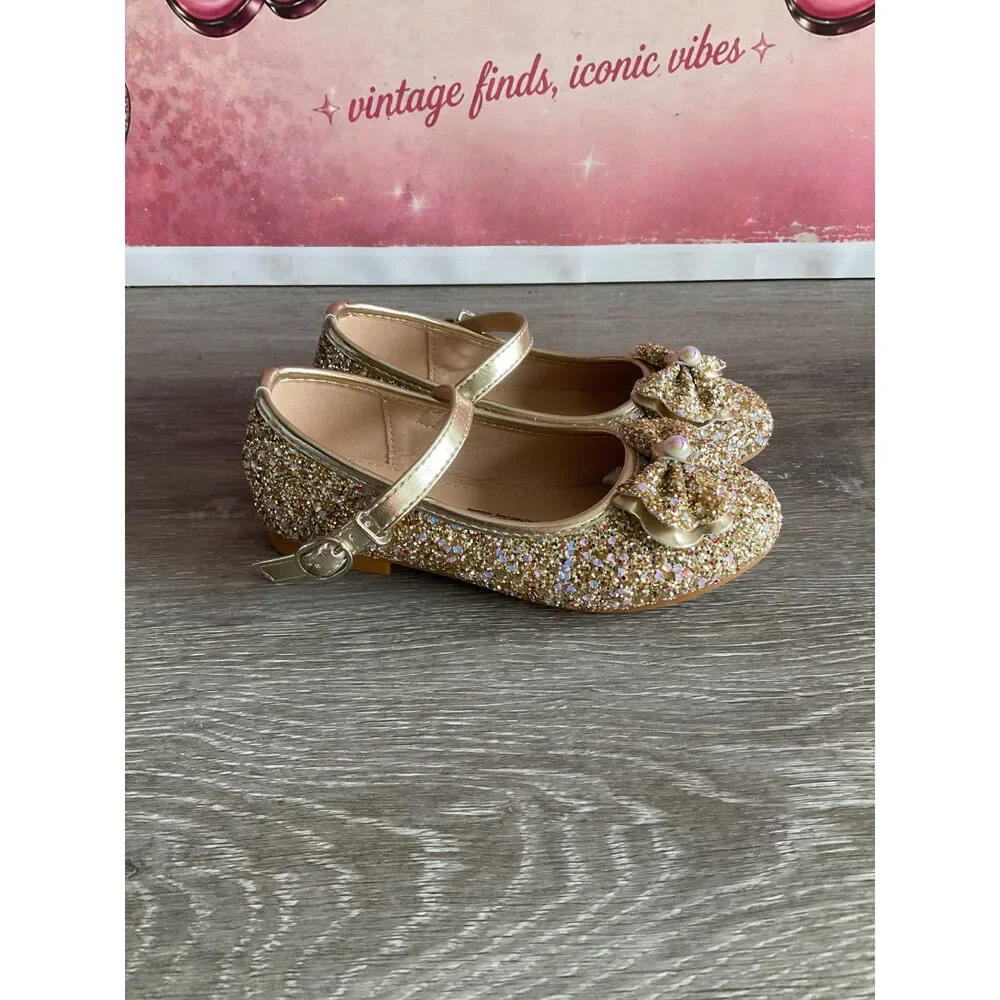 Flats Sparkly Gold With Strap (Size T6.5)